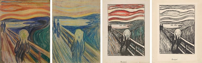 4 av museets 8 versjoner av Edvard Munchs Skrik: Maleri med tempera og olje på ugrundert papp, sannsynligvis fra 1910,  tegningversjon fra 1893 og 2 av museets 6 litografier fra 1895, den til venstre i håndkolorert versjon. Foto © Munchmuseet